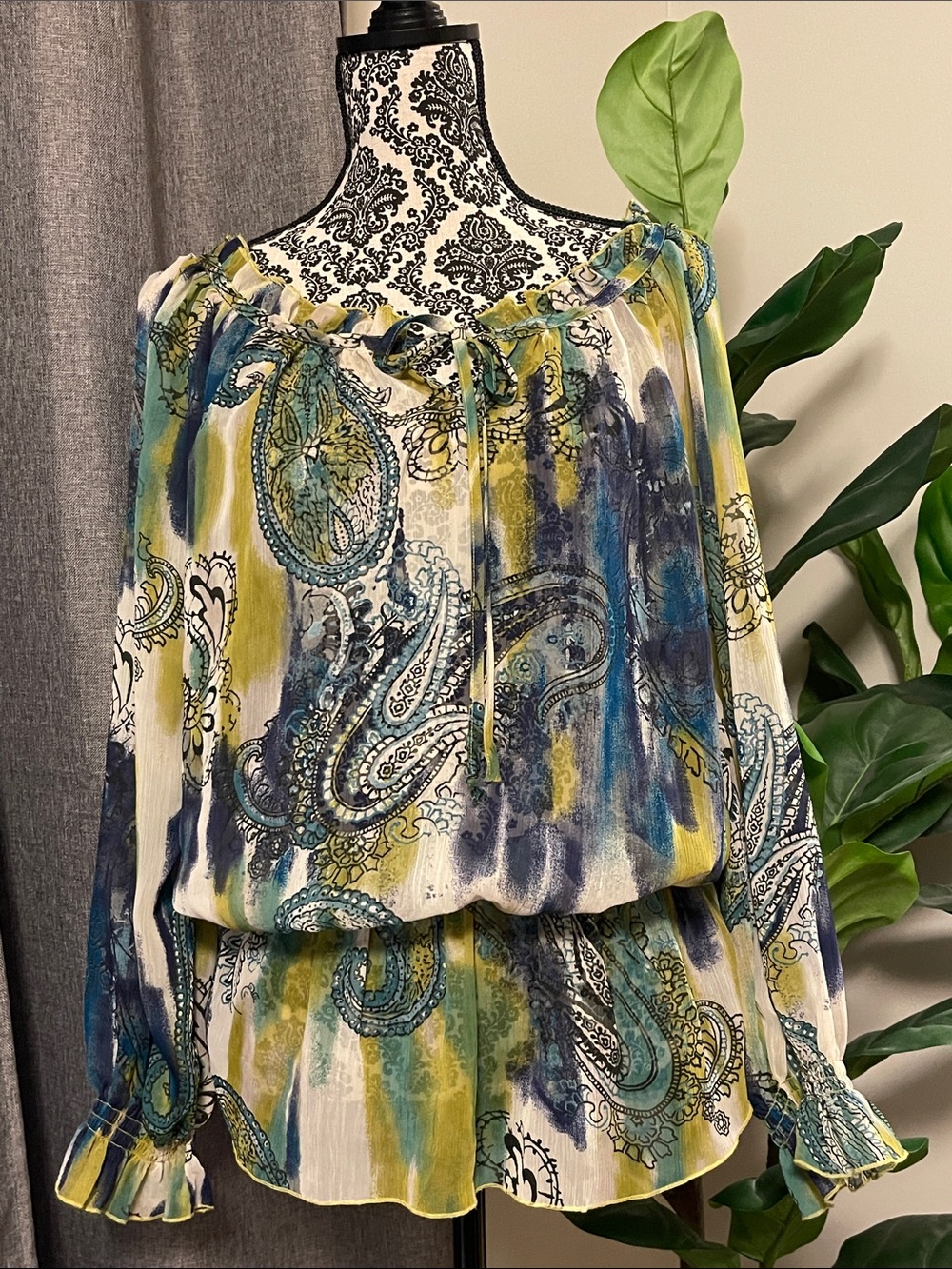 Paisley Peasant Long-Sleeve Dress in Blue & Green